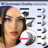 GROINNEYA Clusters Lashes With Waterproof Strong Hold DIY Lash Extension Kit Lash Bond And Seal And Eyelash Tweezers Makeup