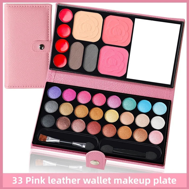 33-Color Portable Makeup Palette with Mirror, Blush, and Lipstick