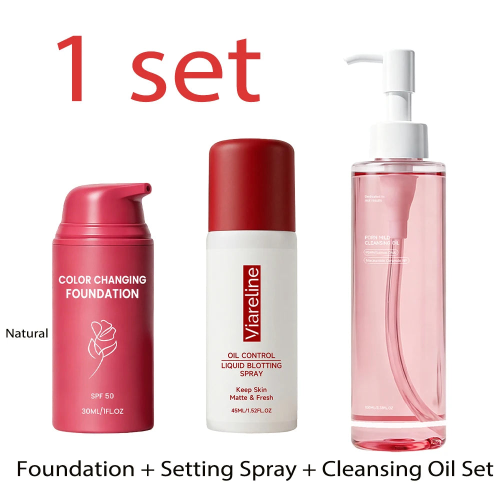 3-Piece Makeup Set: Foundation, Setting Spray, and Cleansing Oil