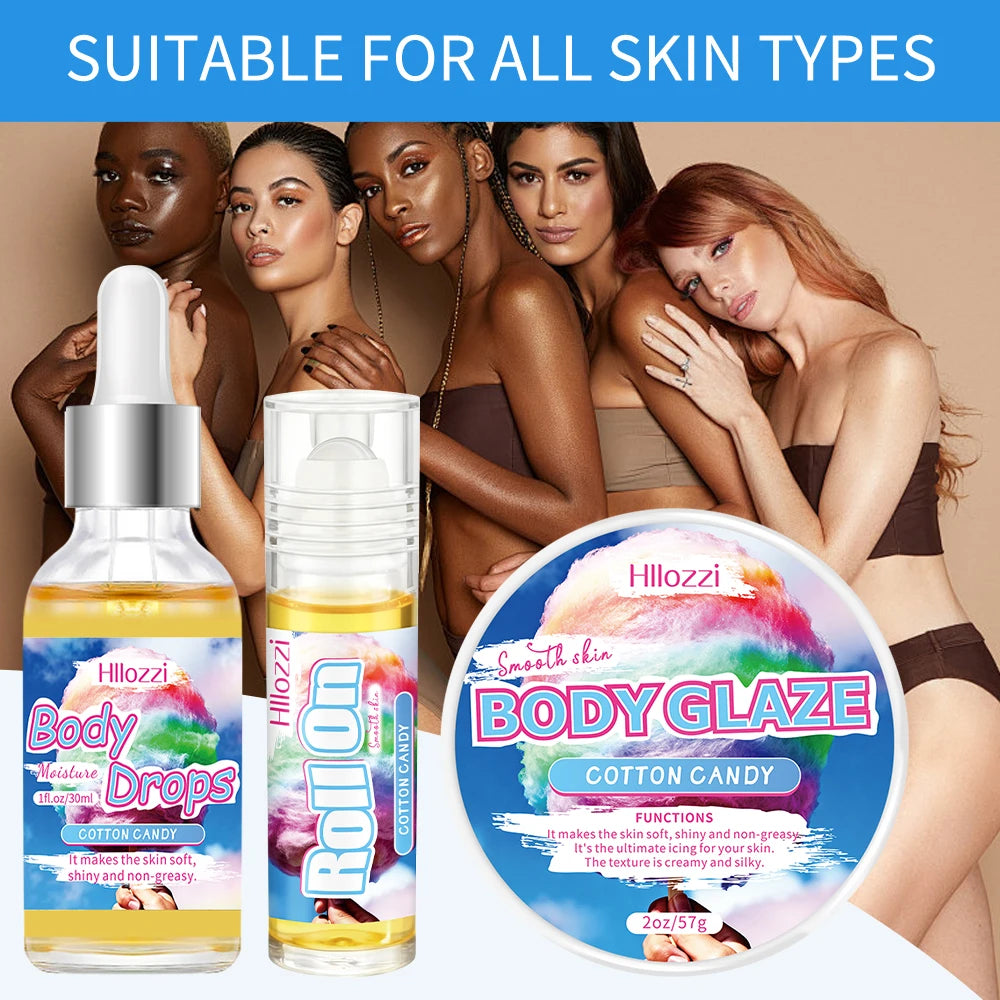 Cotton Candy Body Care Set with Body Drops, Body Glaze, and Roll-On
