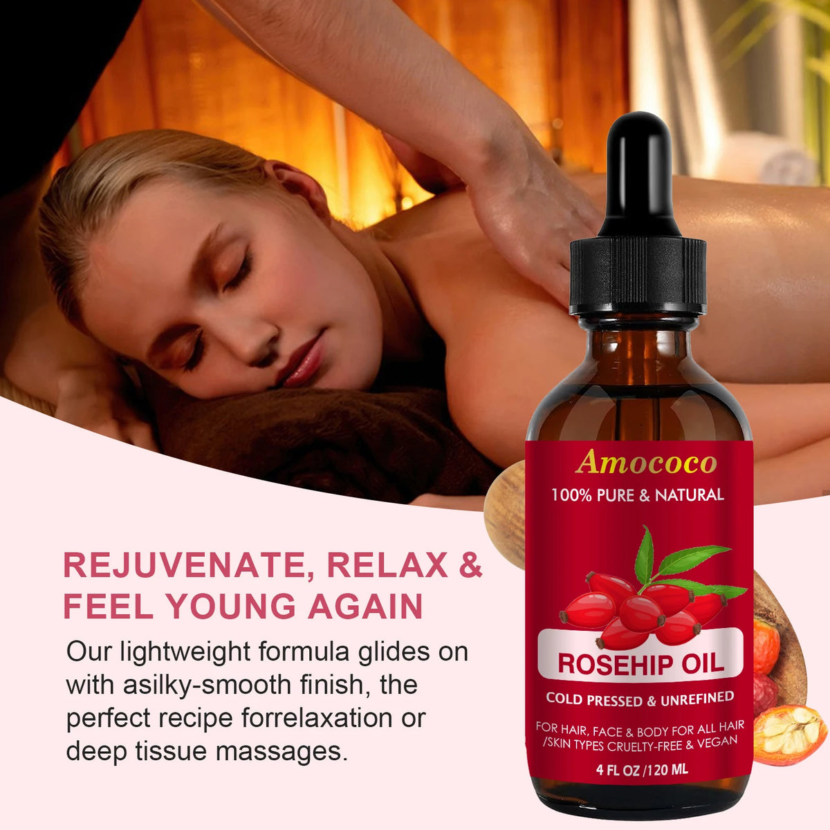 Amococo Jojoba and Rosehip Oil Set, Cold Pressed Face and Body Oil, 2 x 120ml
